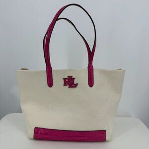 Lauren Ralph Lauren Large Canvas Goldie Tote Bag - Natural & Nouveau Bright Pink